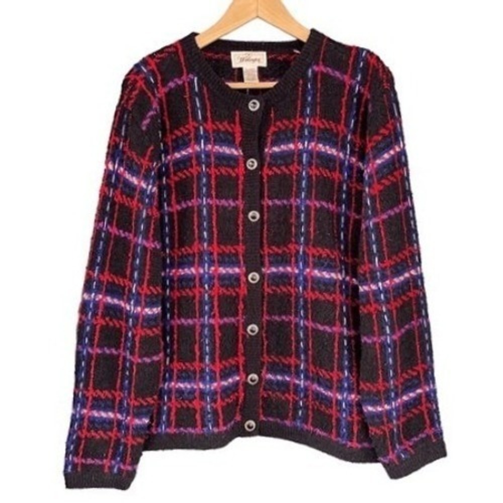 B4 Worthington Cardigan Sweater XL Black Red Plaid Acrylic Knit Vintage